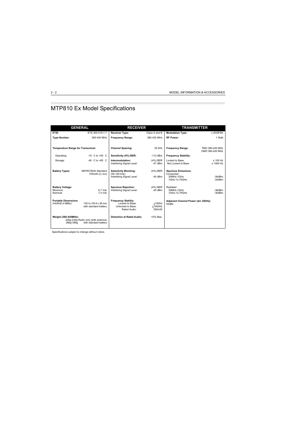 Mtp810 ex model specifications, Mtp810 ex model specifications -2 | Motorola MTP810 EX User Manual | Page 23 / 59