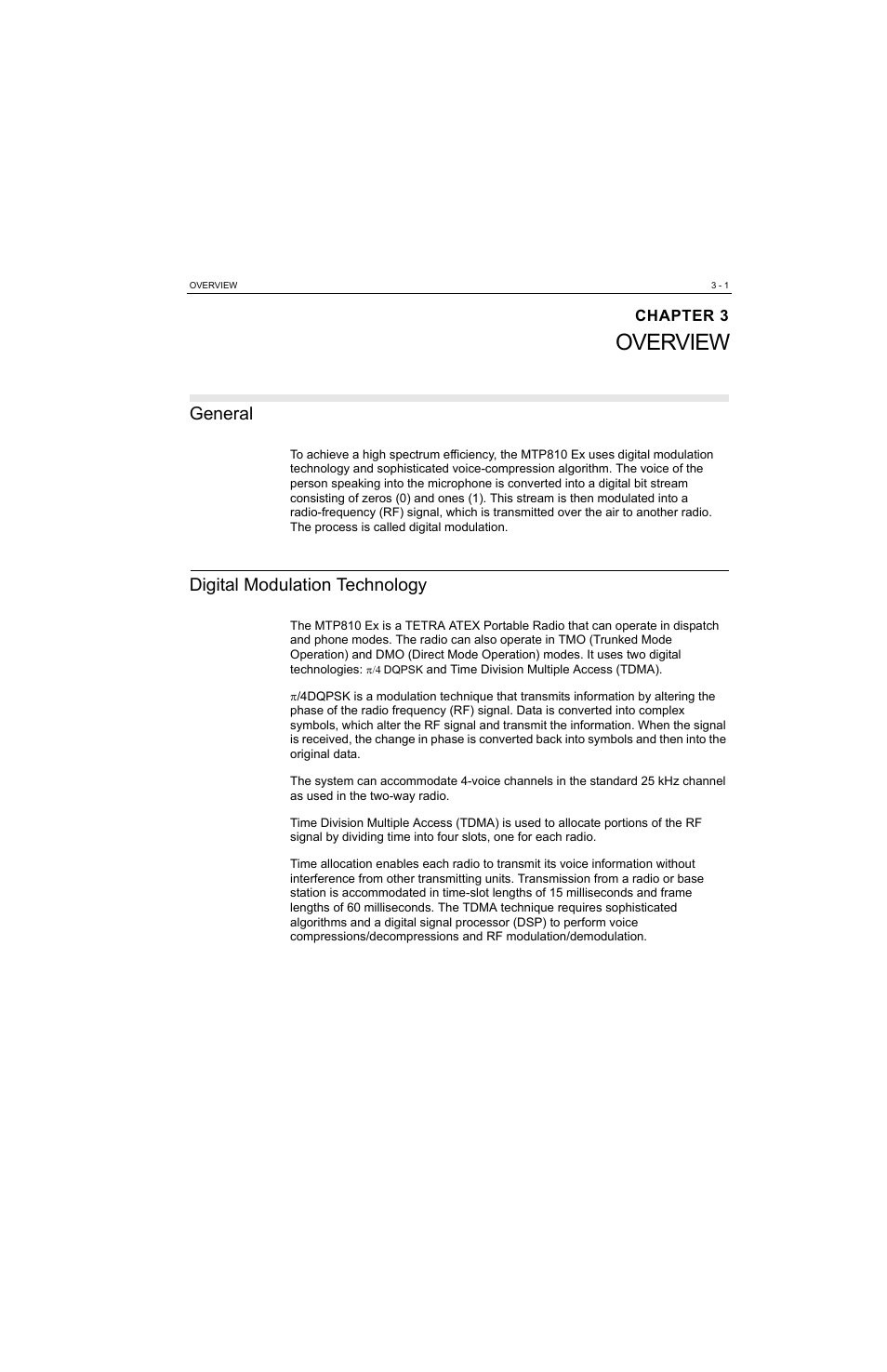 Chapter 3, Overview, General | Digital modulation technology, Chapter 3 over, General -1, Digital modulation technology -1 | Motorola MTP810 EX User Manual | Page 28 / 59