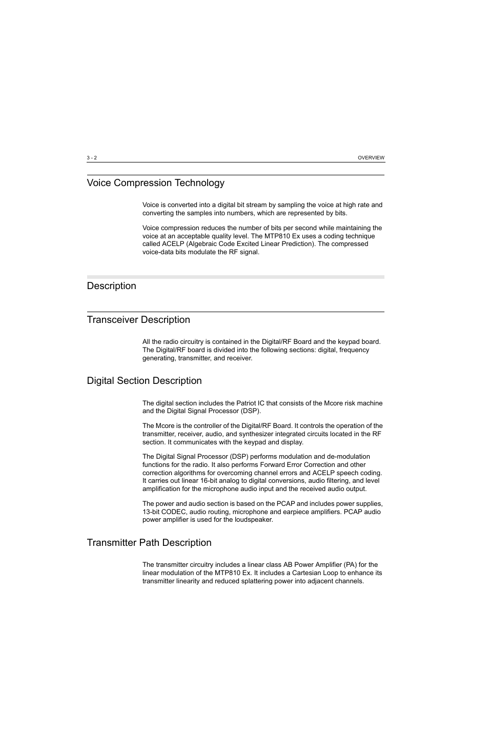 Voice compression technology, Description, Transceiver description | Digital section description, Transmitter path description, Voice compression technology -2, Description -2, Transceiver description -2, Description transceiver description | Motorola MTP810 EX User Manual | Page 29 / 59