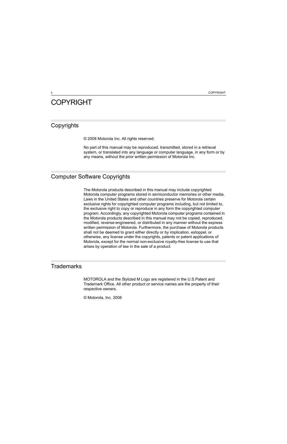 Copyright, Copyrights, Computer software copyrights | Trademarks | Motorola MTP810 EX User Manual | Page 3 / 59