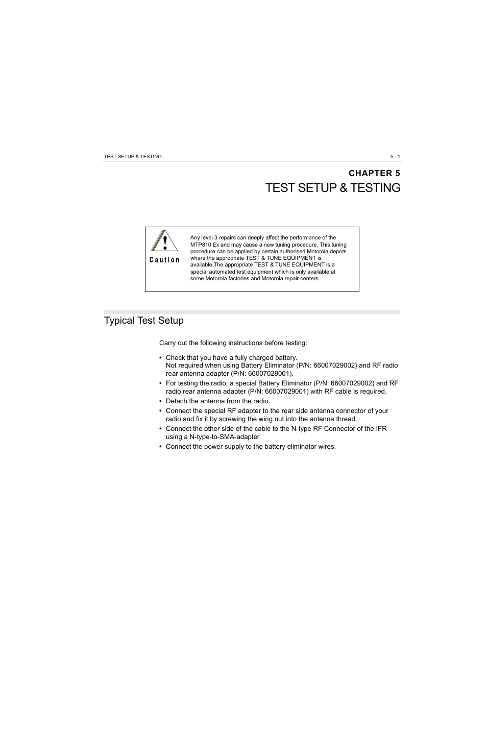 Chapter 5, Test setup & testing, Typical test setup | Chapter 5 test setup & te, Typical test setup -1 | Motorola MTP810 EX User Manual | Page 34 / 59