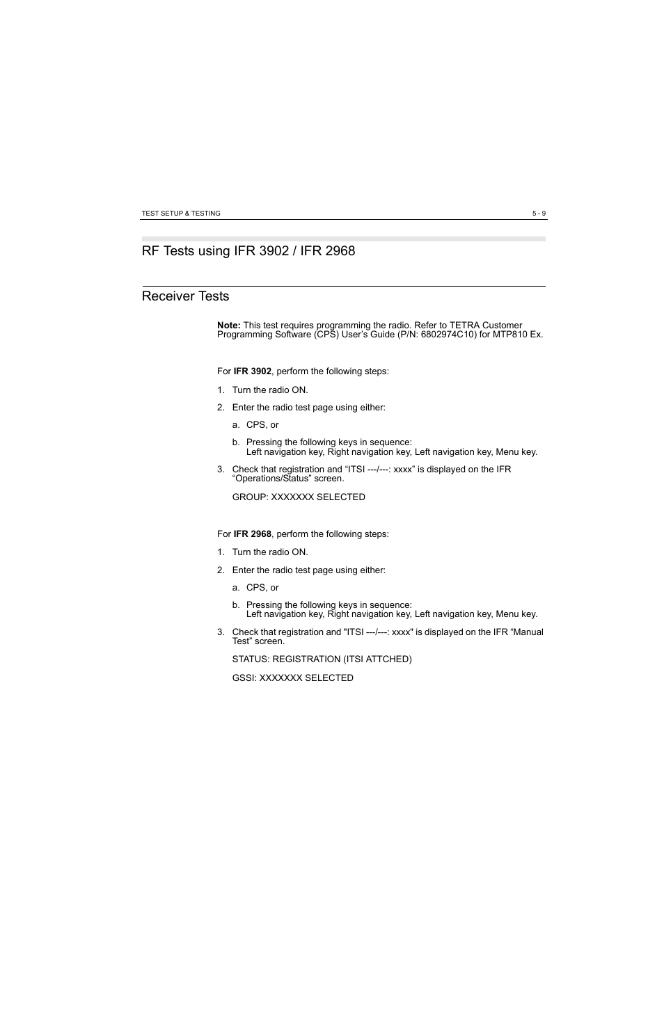 Rf tests using ifr 3902 / ifr 2968, Receiver tests, Rf tests using ifr 3902 / ifr 2968 -9 | Receiver tests -9 | Motorola MTP810 EX User Manual | Page 42 / 59