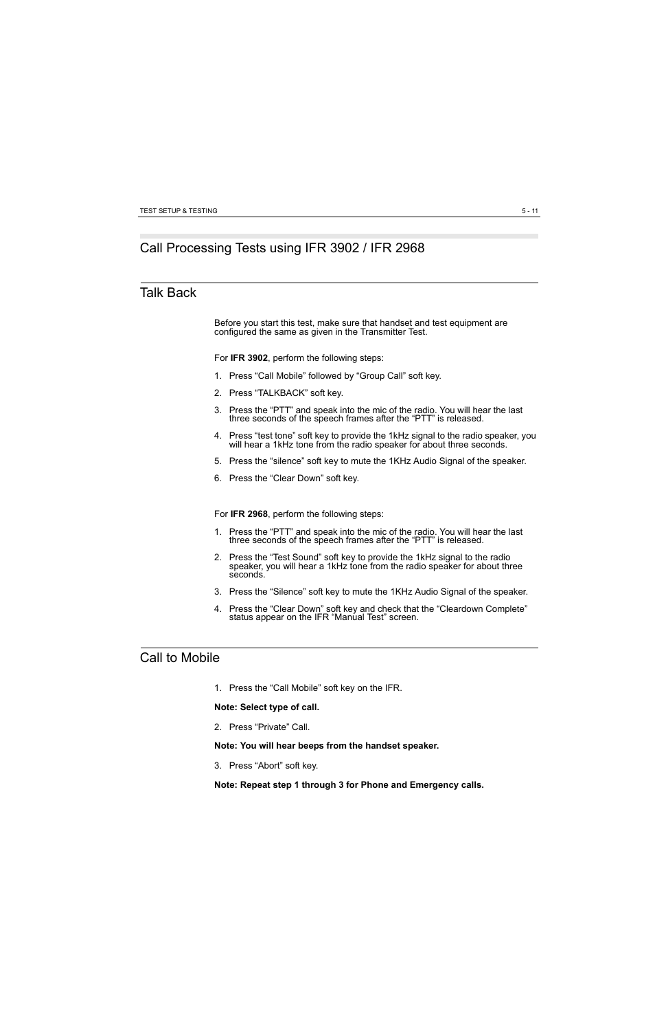 Call processing tests using ifr 3902 / ifr 2968, Talk back, Call to mobile | Talk back -11 call to mobile -11 | Motorola MTP810 EX User Manual | Page 44 / 59