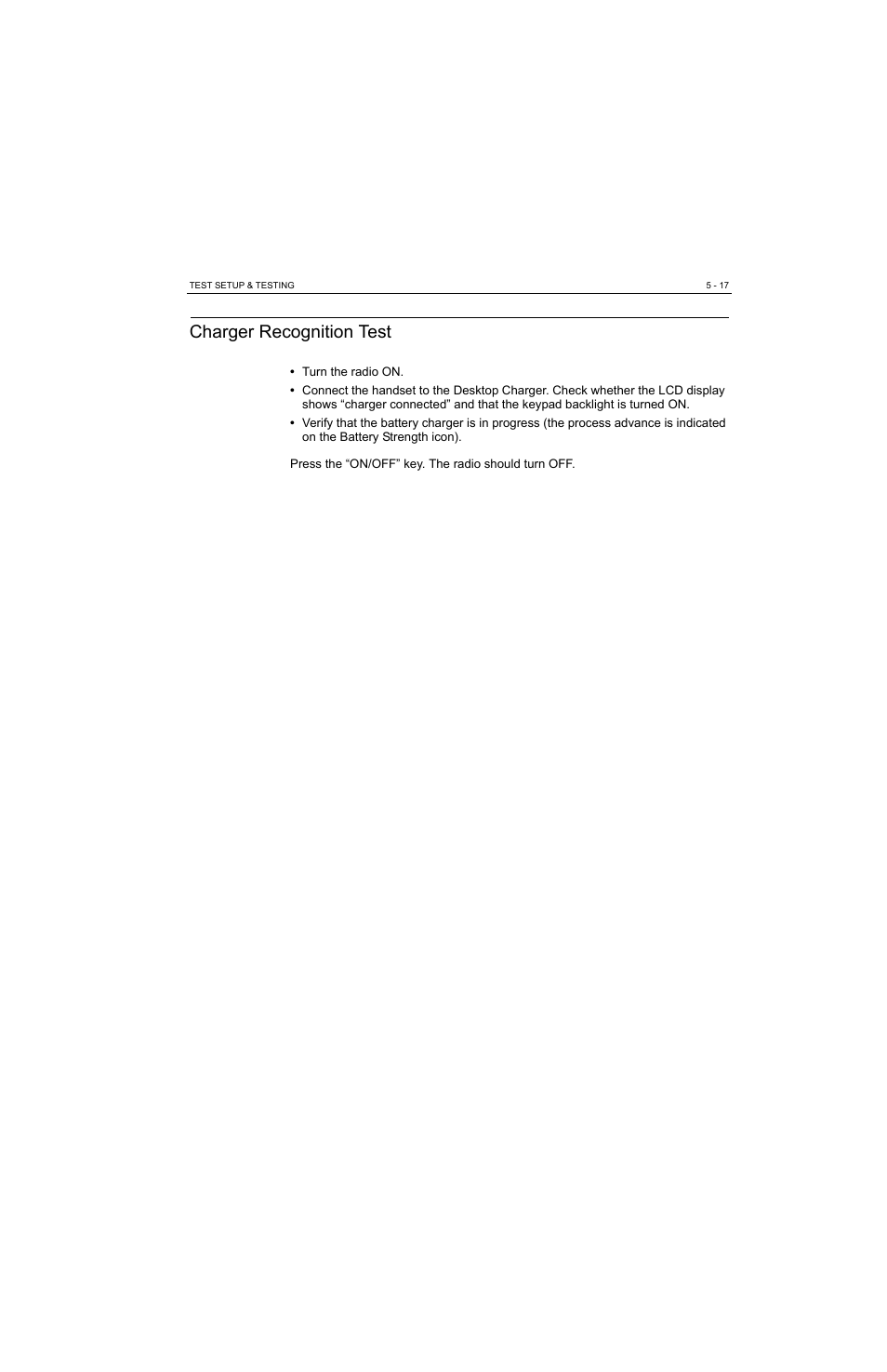 Charger recognition test, Charger recognition test -17 | Motorola MTP810 EX User Manual | Page 50 / 59