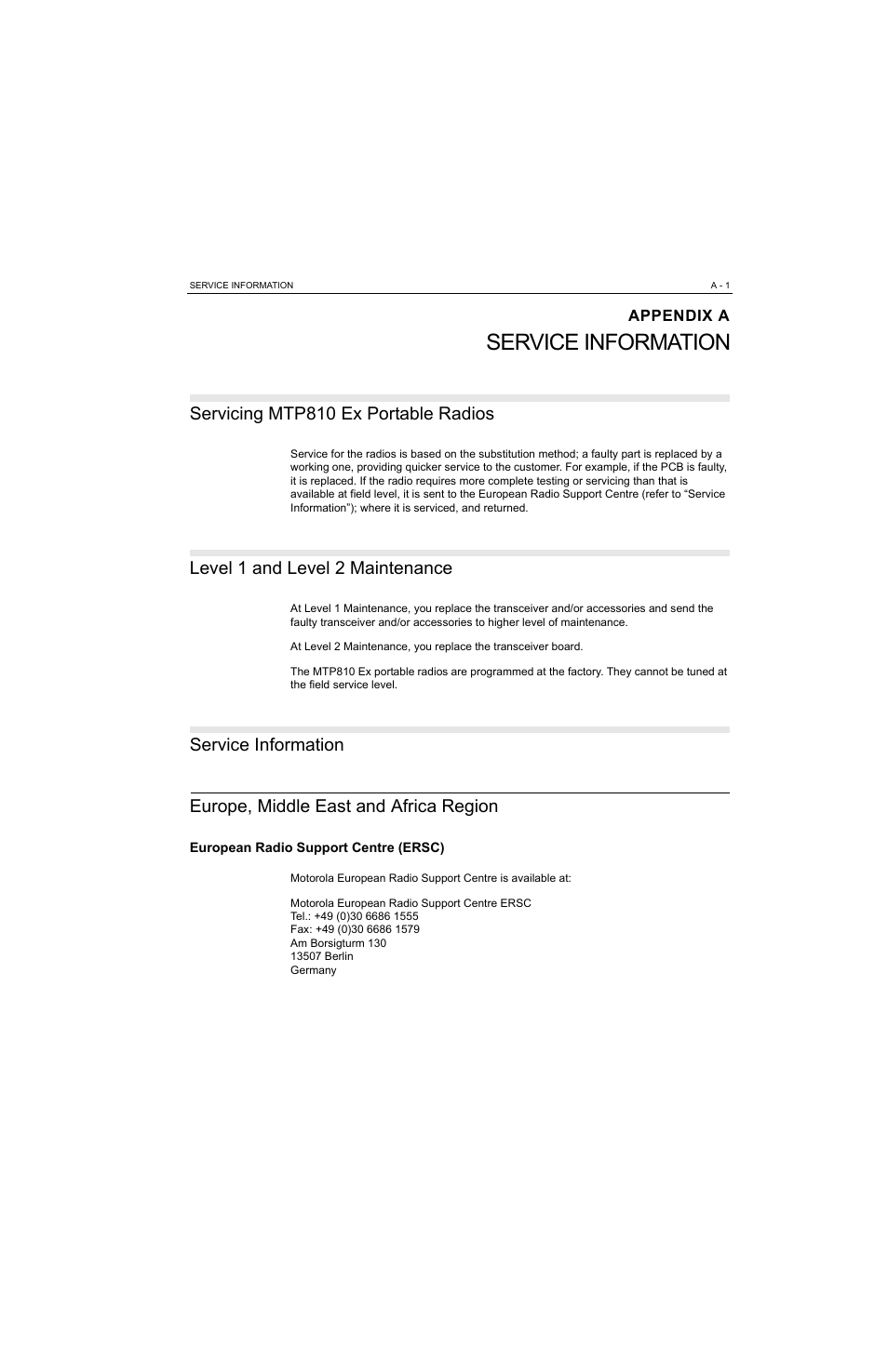 Appendix a, Service information, Servicing mtp810 ex portable radios | Level 1 and level 2 maintenance, Europe, middle east and africa region, European radio support centre (ersc), Appendix a ser | Motorola MTP810 EX User Manual | Page 54 / 59