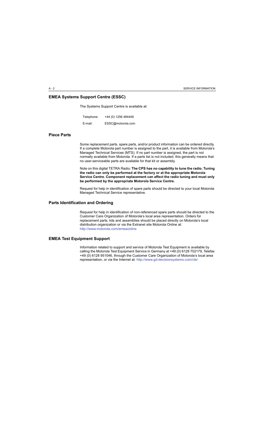 Emea systems support centre (essc), Piece parts, Parts identification and ordering | Emea test equipment support | Motorola MTP810 EX User Manual | Page 55 / 59