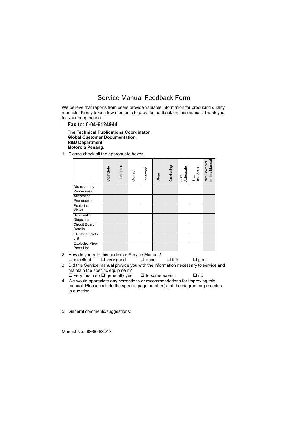 Service manual feedback form | Motorola MTP810 EX User Manual | Page 7 / 59