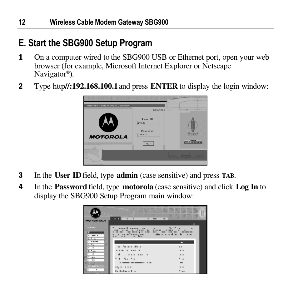 E. start the sbg900 setup program | Motorola SURFBOARD SBG900 User Manual | Page 12 / 16