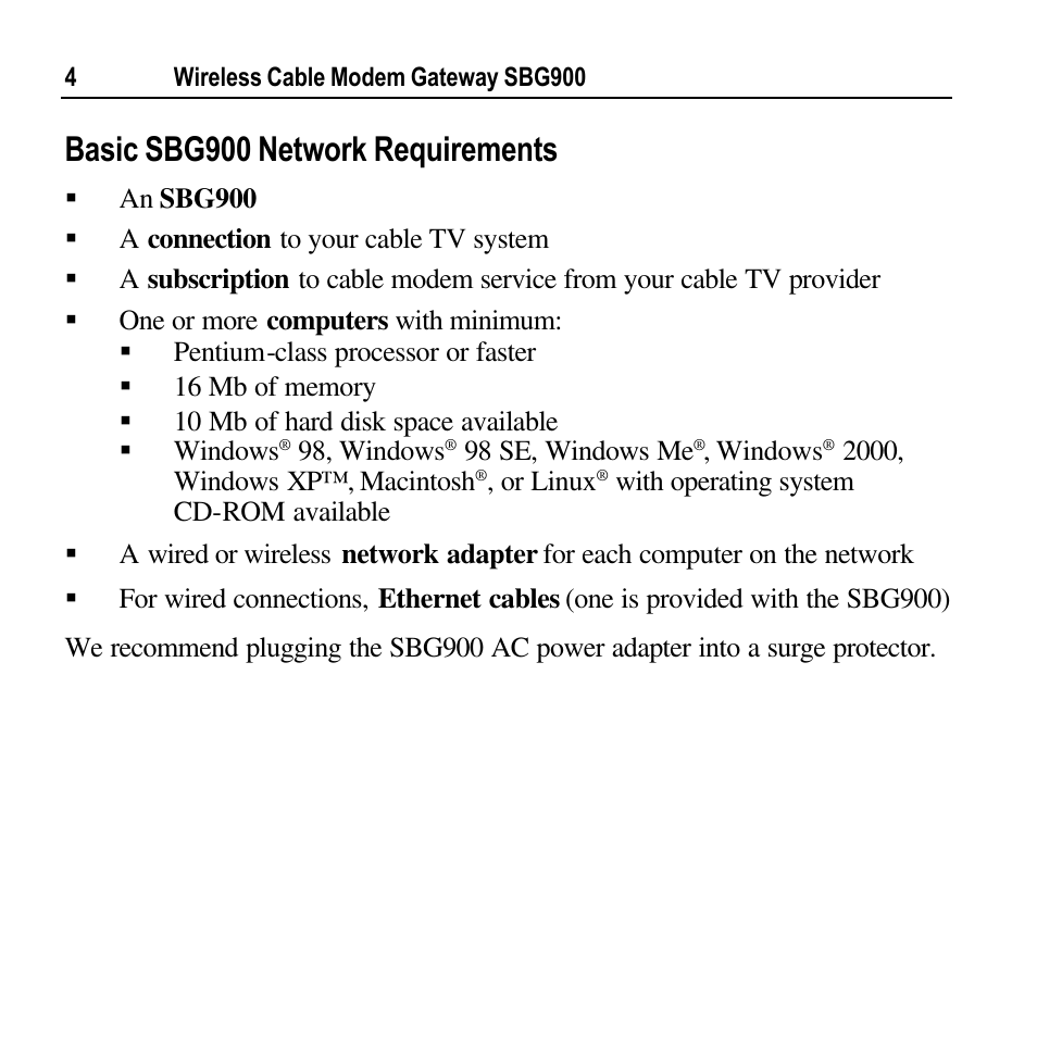 Basic sbg900 network requirements | Motorola SURFBOARD SBG900 User Manual | Page 4 / 16