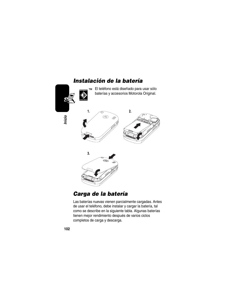Instalación de la batería, Carga de la batería, Instalación de la batería carga de la batería | Motorola A630 User Manual | Page 104 / 200