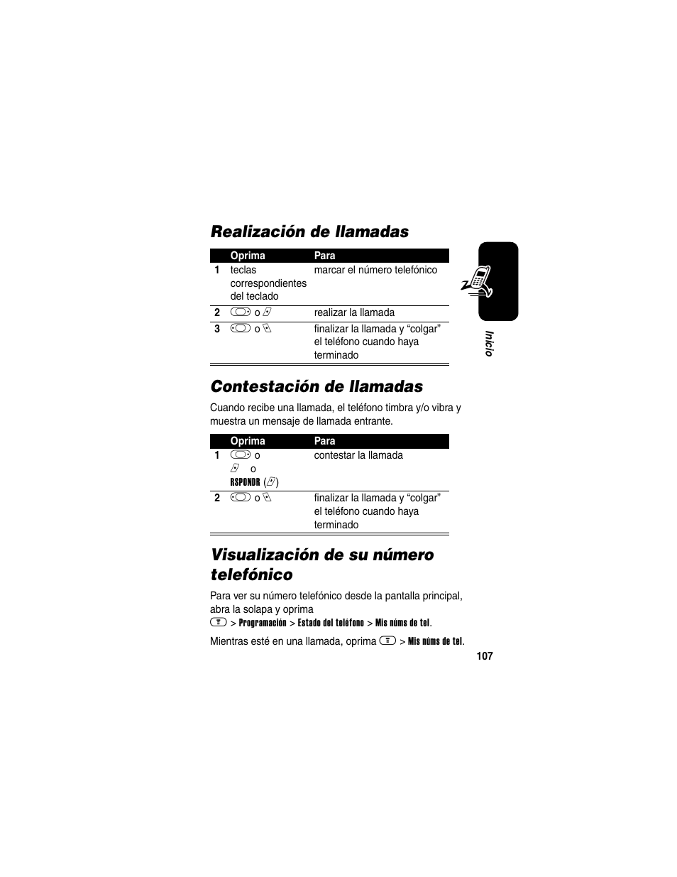 Realización de llamadas, Contestación de llamadas, Visualización de su número telefónico | Realización de llamadas contestación de llamadas | Motorola A630 User Manual | Page 109 / 200