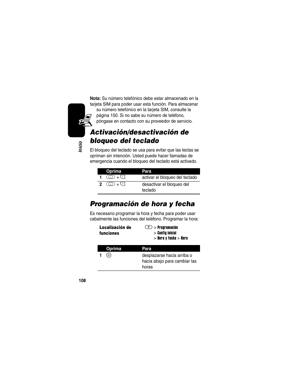 Activación/desactivación de bloqueo del teclado, Programación de hora y fecha | Motorola A630 User Manual | Page 110 / 200