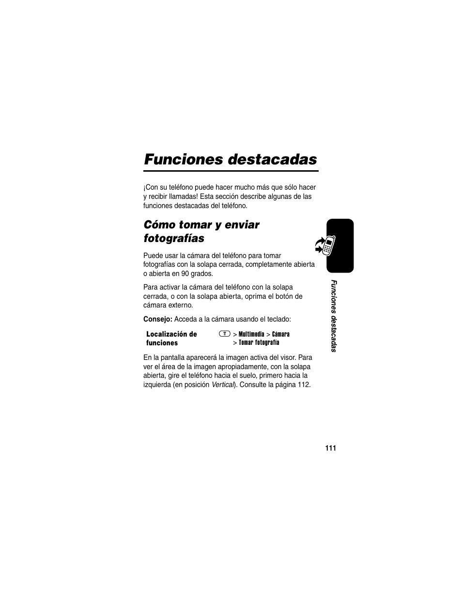 Funciones destacadas, Cómo tomar y enviar fotografías | Motorola A630 User Manual | Page 113 / 200