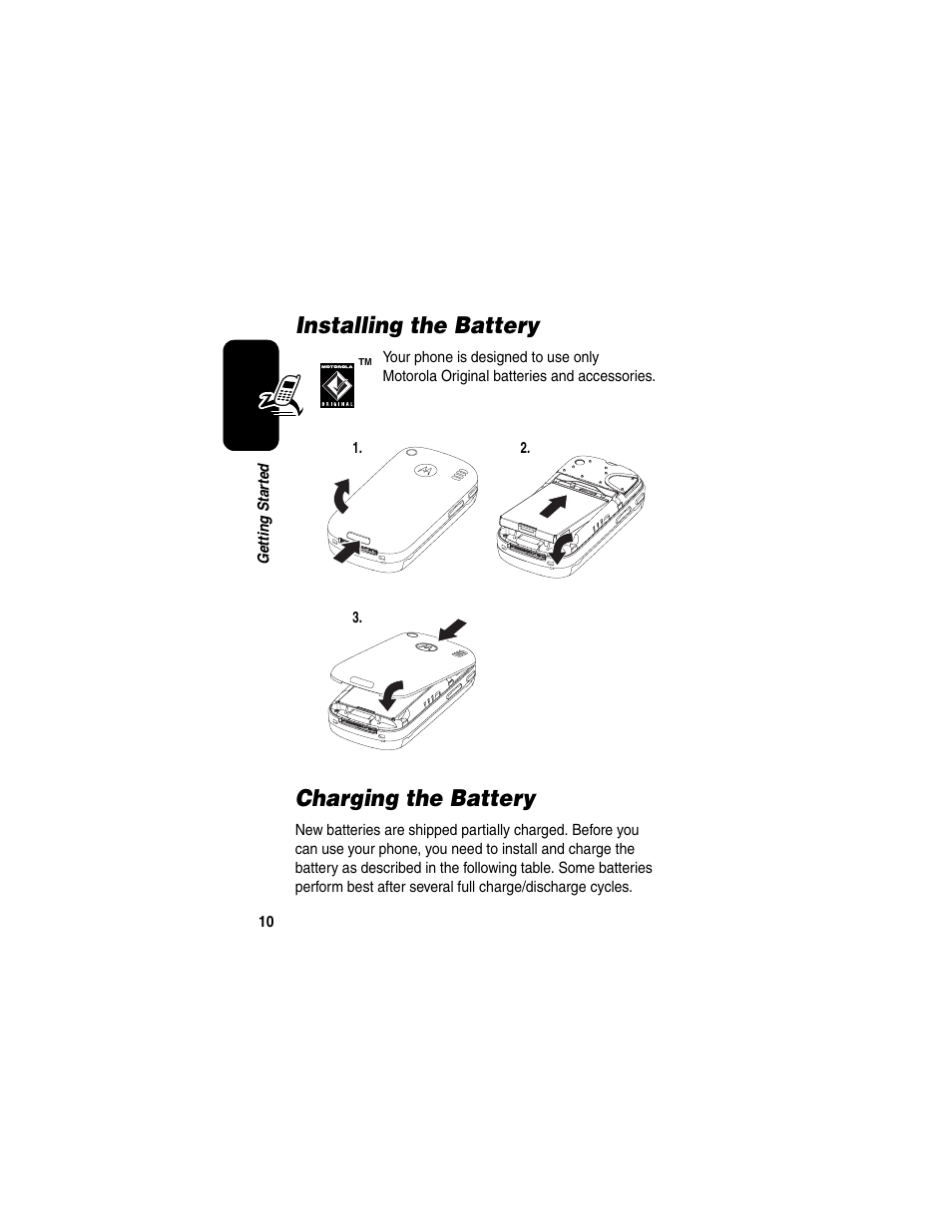 Installing the battery, Charging the battery, Installing the battery charging the battery | Motorola A630 User Manual | Page 12 / 200