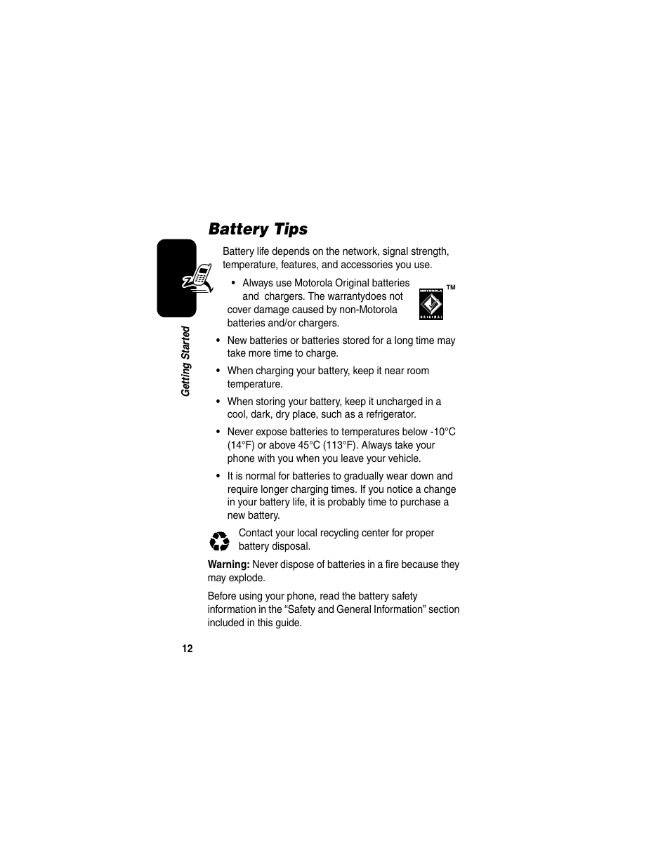 Battery tips | Motorola A630 User Manual | Page 14 / 200