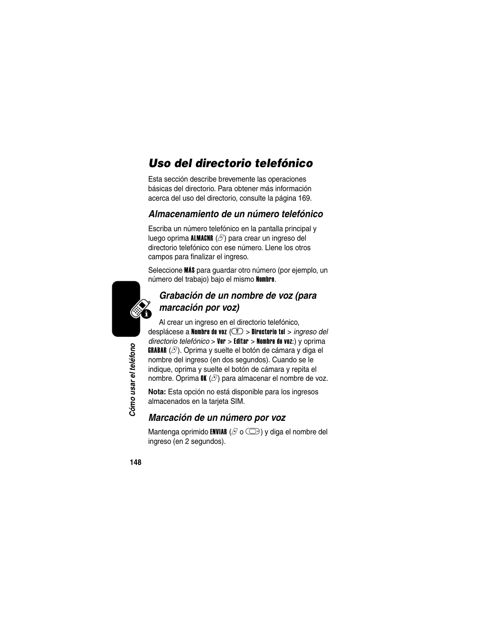 Uso del directorio telefónico | Motorola A630 User Manual | Page 150 / 200