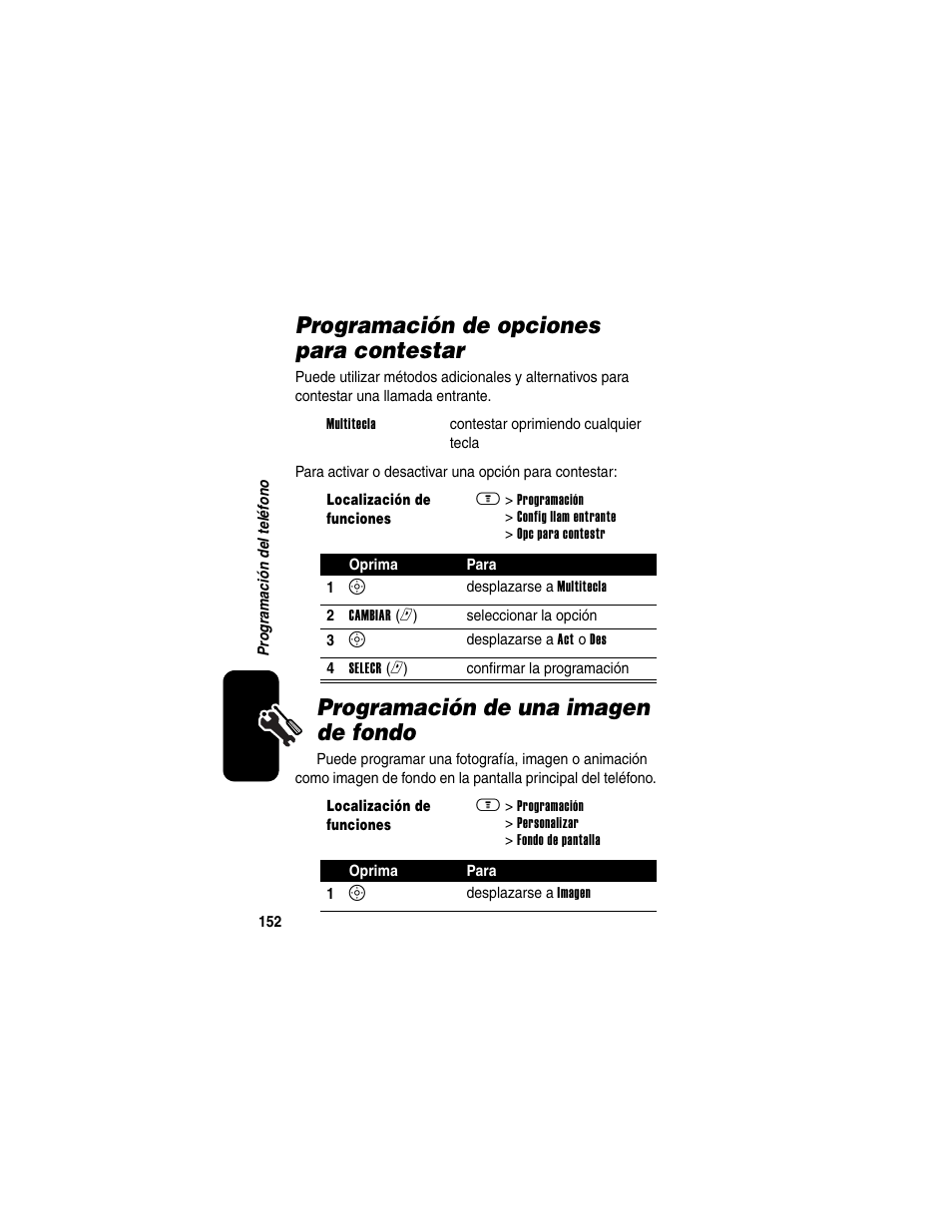 Programación de opciones para contestar, Programación de una imagen de fondo | Motorola A630 User Manual | Page 154 / 200