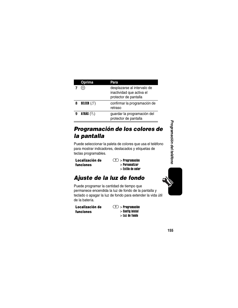Programación de los colores de la pantalla, Ajuste de la luz de fondo | Motorola A630 User Manual | Page 157 / 200