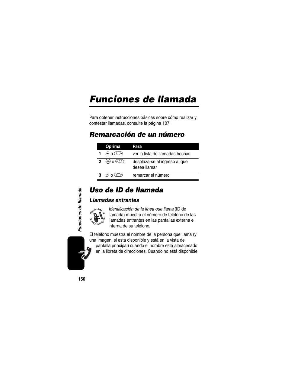 Funciones de llamada, Remarcación de un número, Uso de id de llamada | Remarcación de un número uso de id de llamada | Motorola A630 User Manual | Page 158 / 200