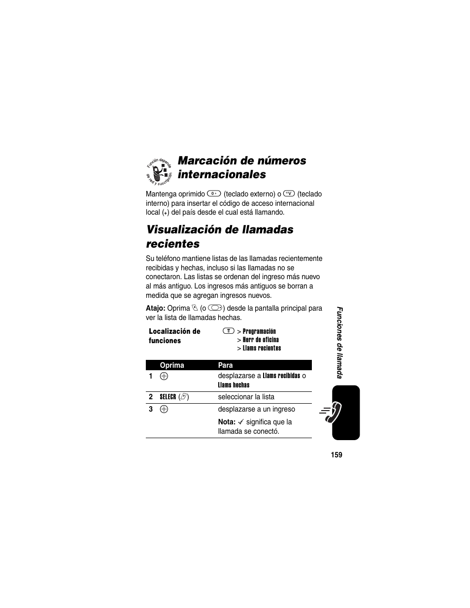 Marcación de números internacionales, Visualización de llamadas recientes | Motorola A630 User Manual | Page 161 / 200