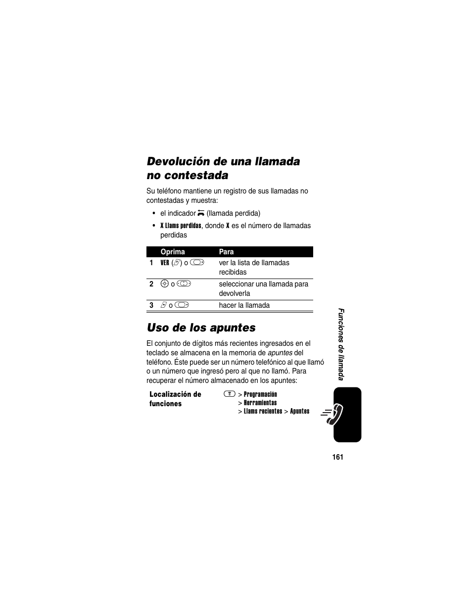 Devolución de una llamada no contestada, Uso de los apuntes | Motorola A630 User Manual | Page 163 / 200