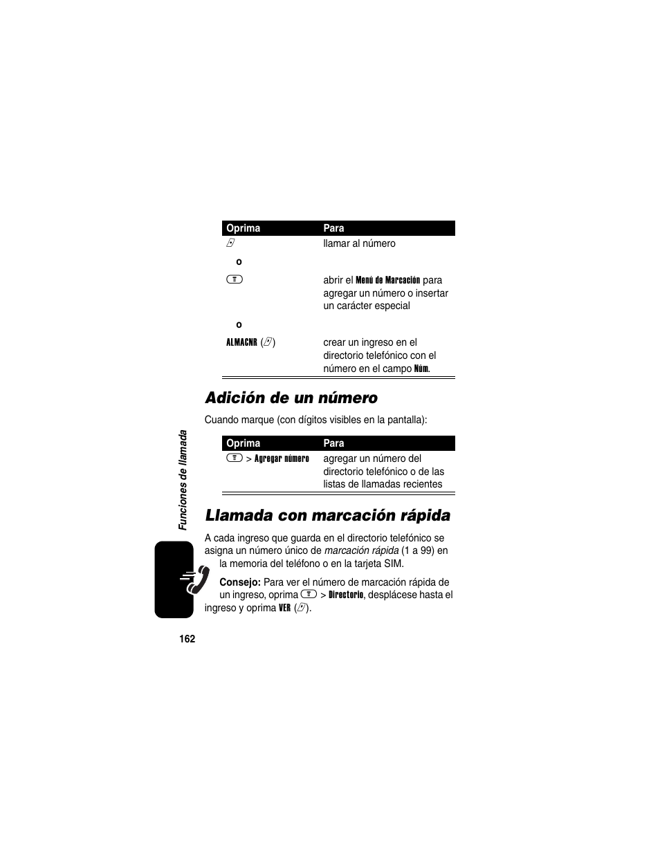 Adición de un número, Llamada con marcación rápida, Adición de un número llamada con marcación rápida | Motorola A630 User Manual | Page 164 / 200