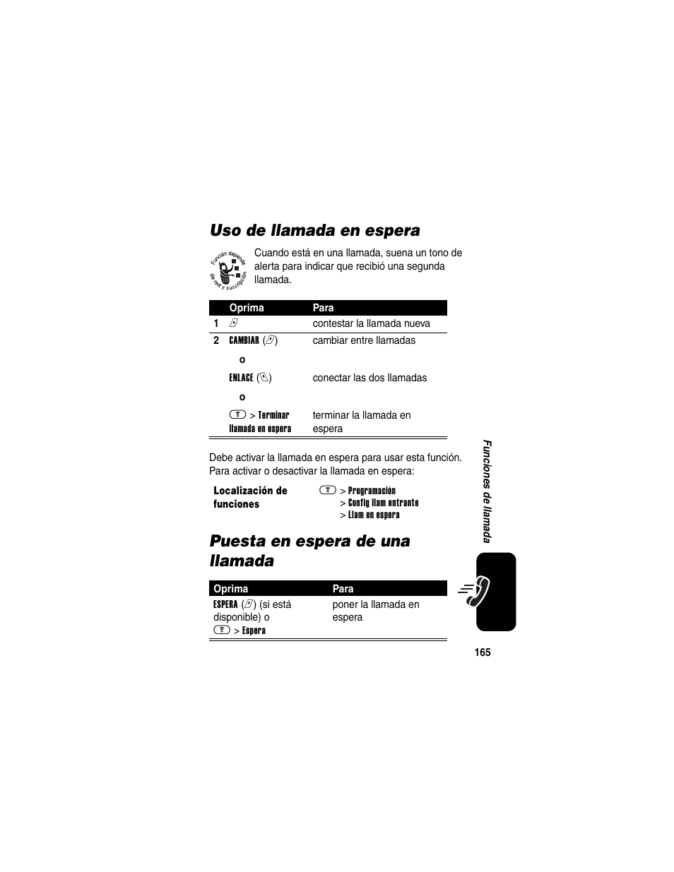 Uso de llamada en espera, Puesta en espera de una llamada | Motorola A630 User Manual | Page 167 / 200