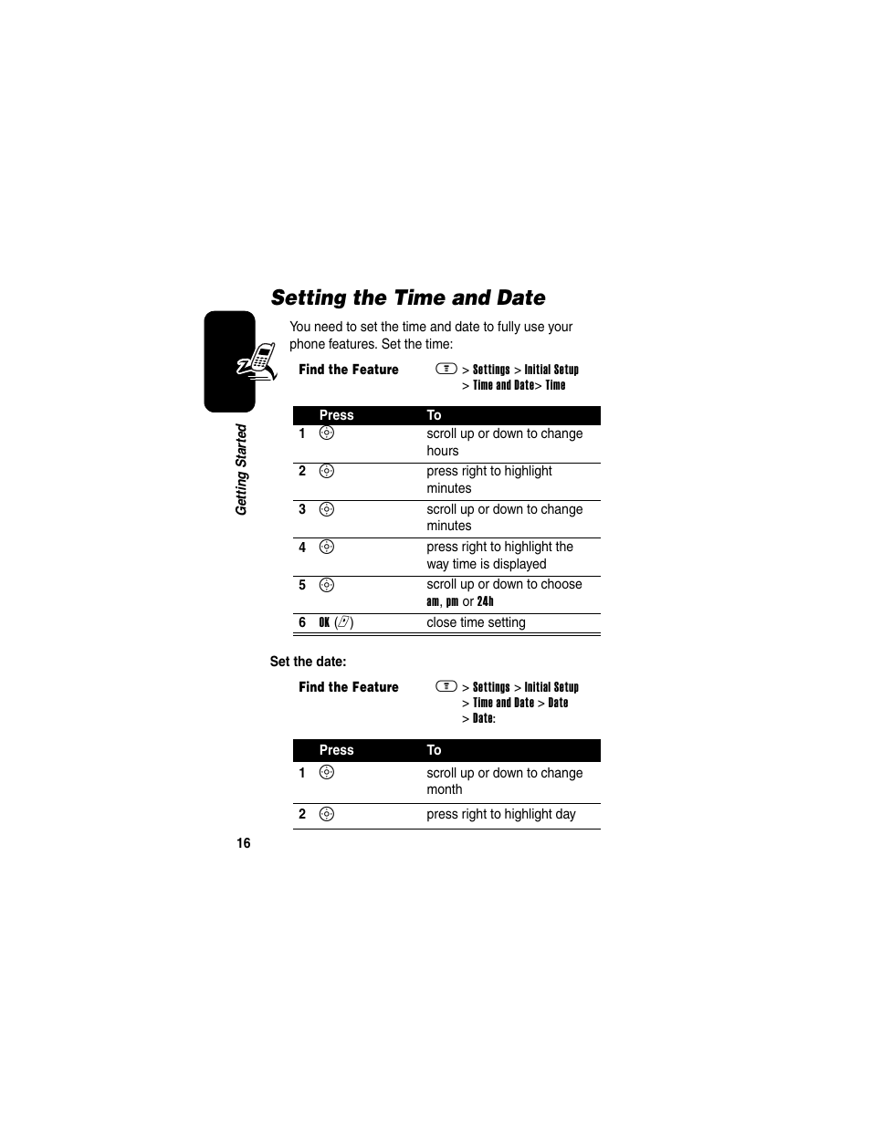 Setting the time and date | Motorola A630 User Manual | Page 18 / 200