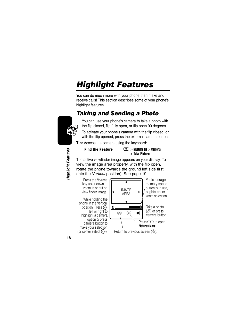 Highlight features, Taking and sending a photo, X z y | Motorola A630 User Manual | Page 20 / 200