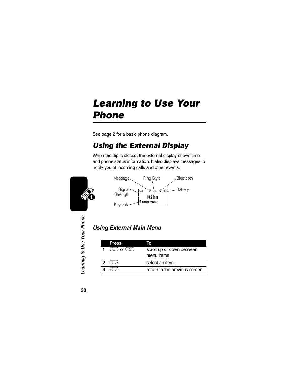 Learning to use your phone, Using the external display | Motorola A630 User Manual | Page 32 / 200