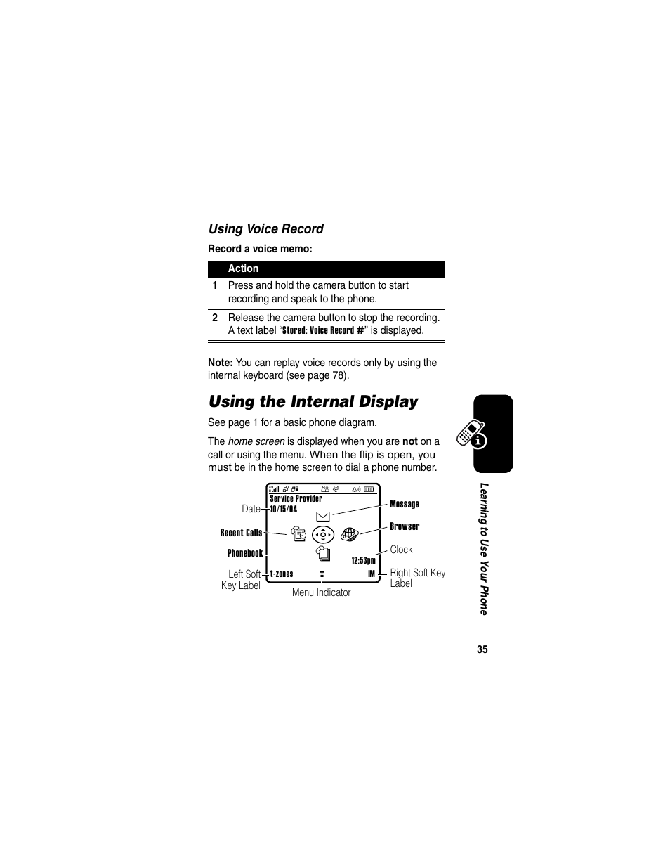 Using the internal display | Motorola A630 User Manual | Page 37 / 200