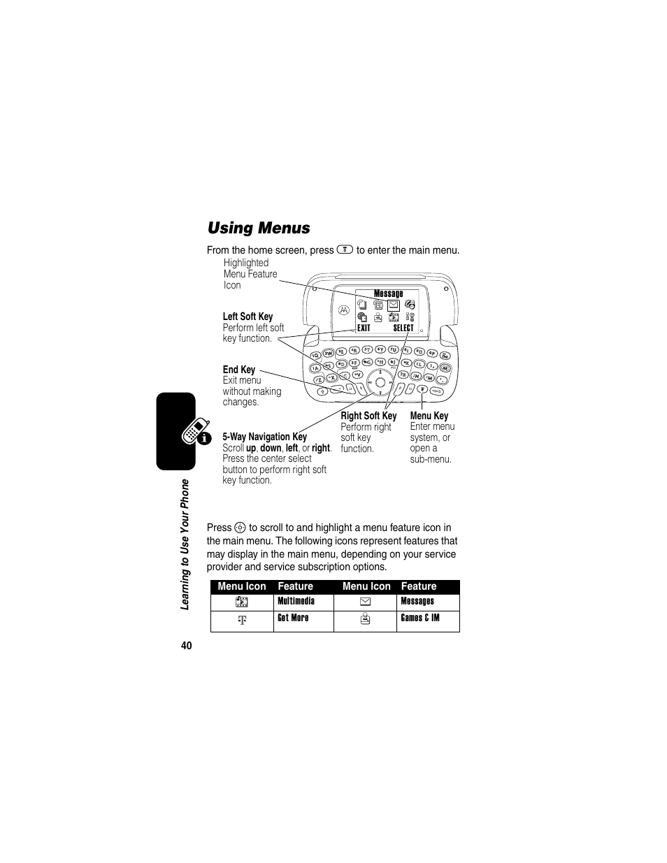 Using menus | Motorola A630 User Manual | Page 42 / 200