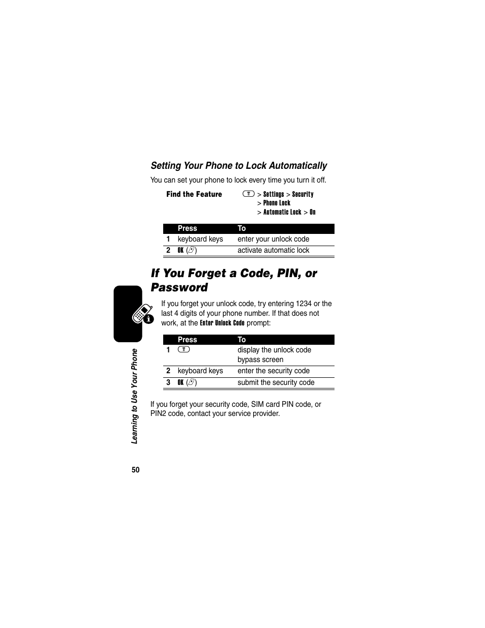 If you forget a code, pin, or password | Motorola A630 User Manual | Page 52 / 200