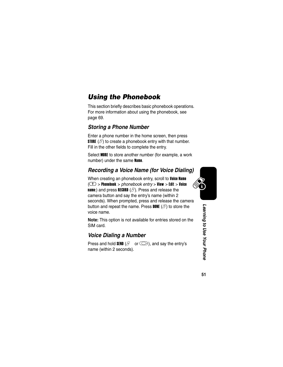 Using the phonebook | Motorola A630 User Manual | Page 53 / 200