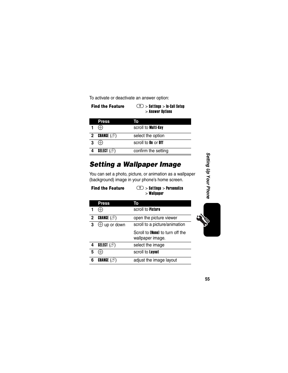 Setting a wallpaper image | Motorola A630 User Manual | Page 57 / 200