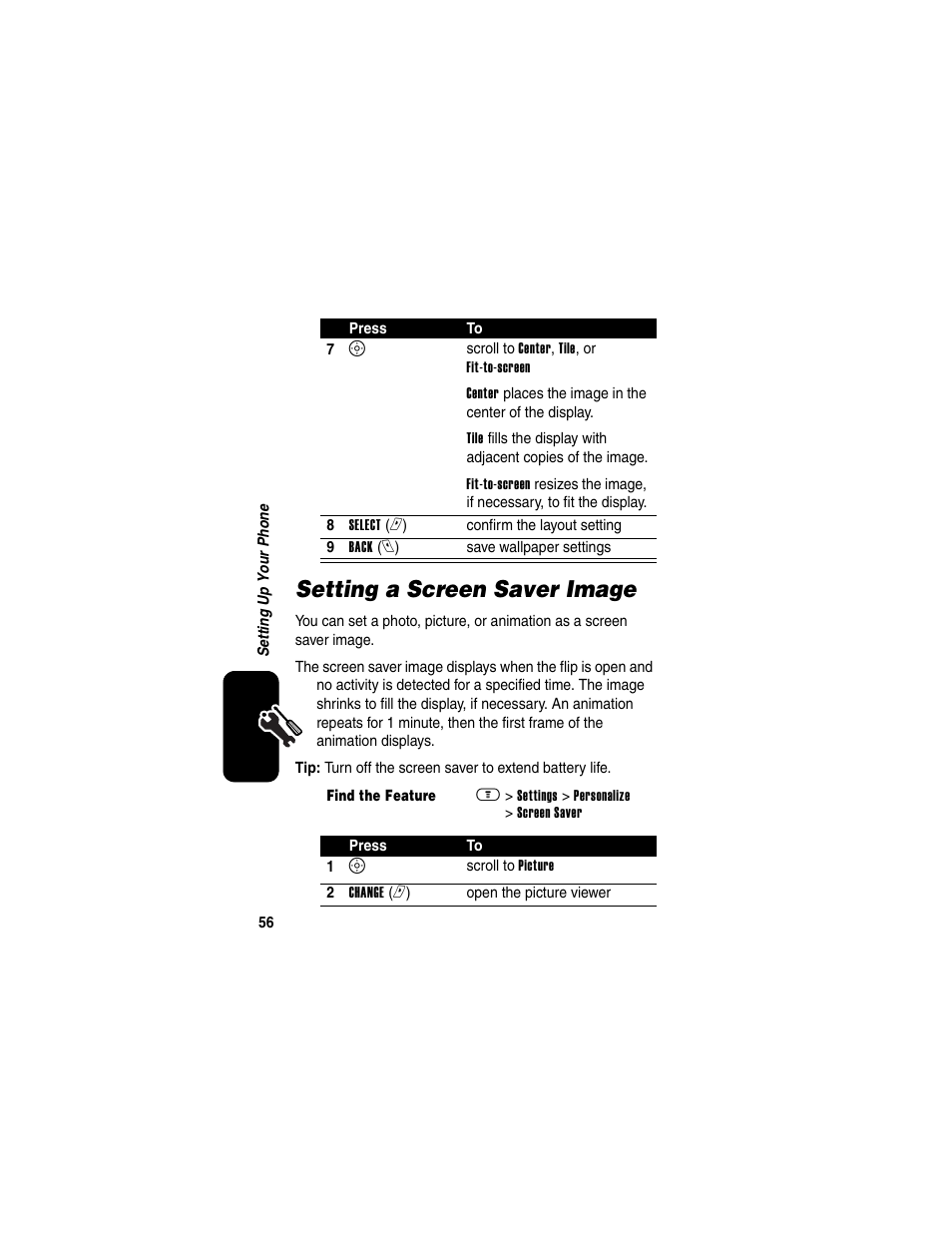 Setting a screen saver image | Motorola A630 User Manual | Page 58 / 200