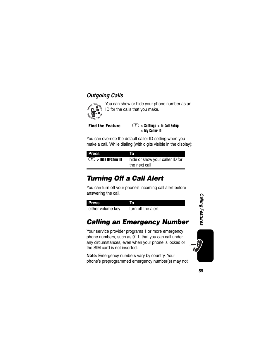 Turning off a call alert, Calling an emergency number | Motorola A630 User Manual | Page 61 / 200