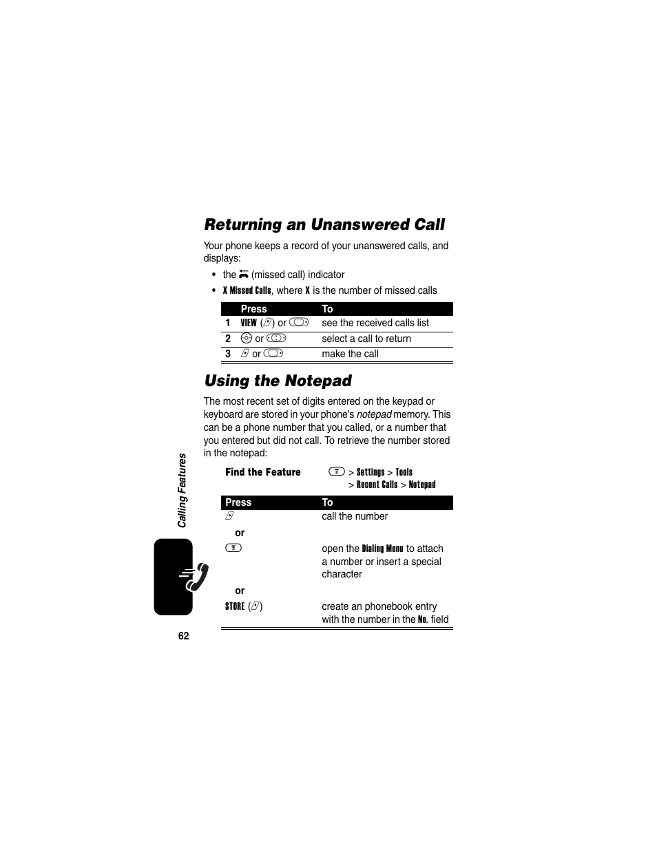 Returning an unanswered call, Using the notepad, Returning an unanswered call using the notepad | Motorola A630 User Manual | Page 64 / 200