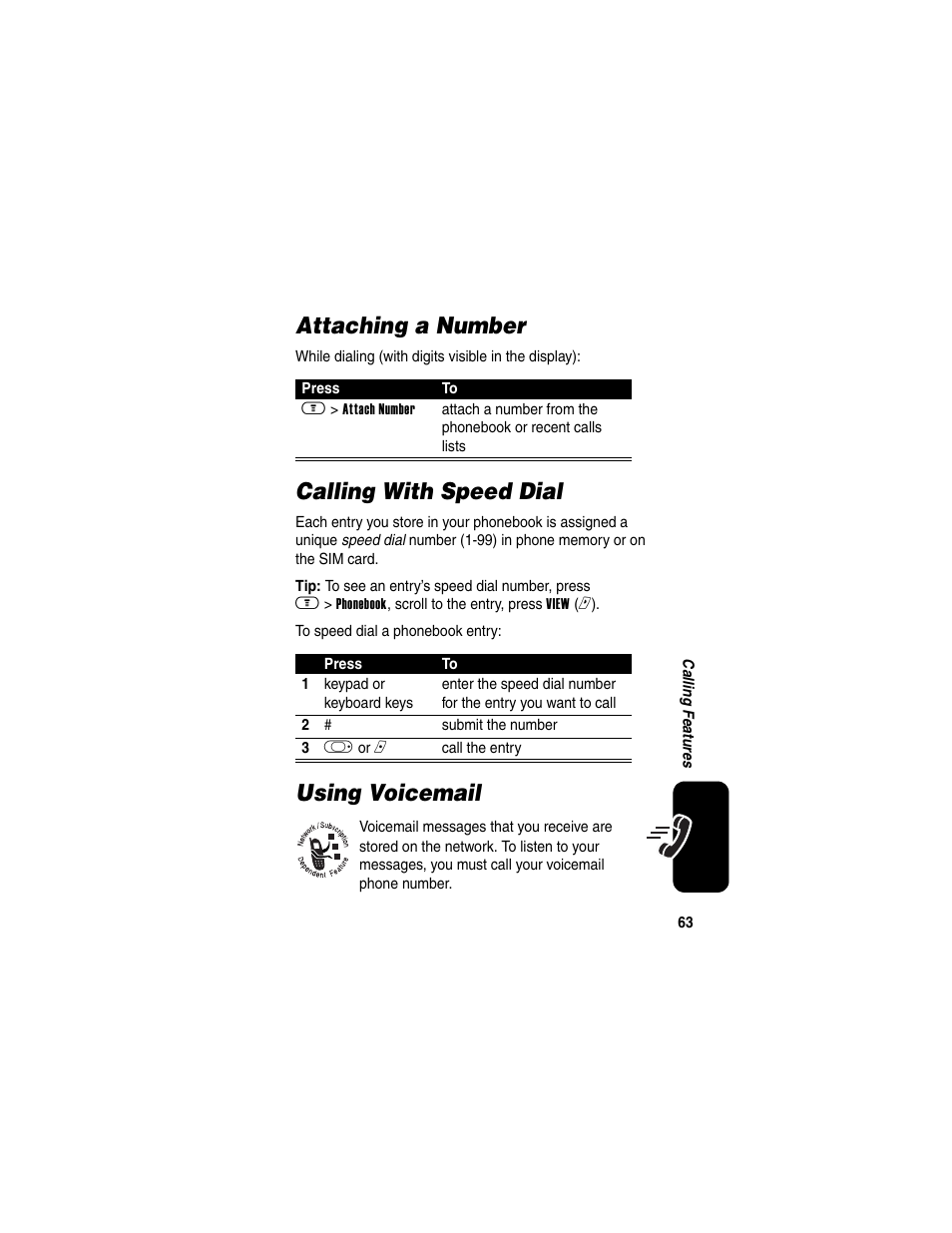 Attaching a number, Calling with speed dial, Using voicemail | Attaching a number calling with speed dial | Motorola A630 User Manual | Page 65 / 200