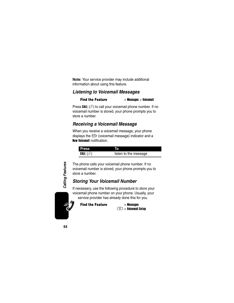 Listening to voicemail messages, Receiving a voicemail message, Storing your voicemail number | Motorola A630 User Manual | Page 66 / 200