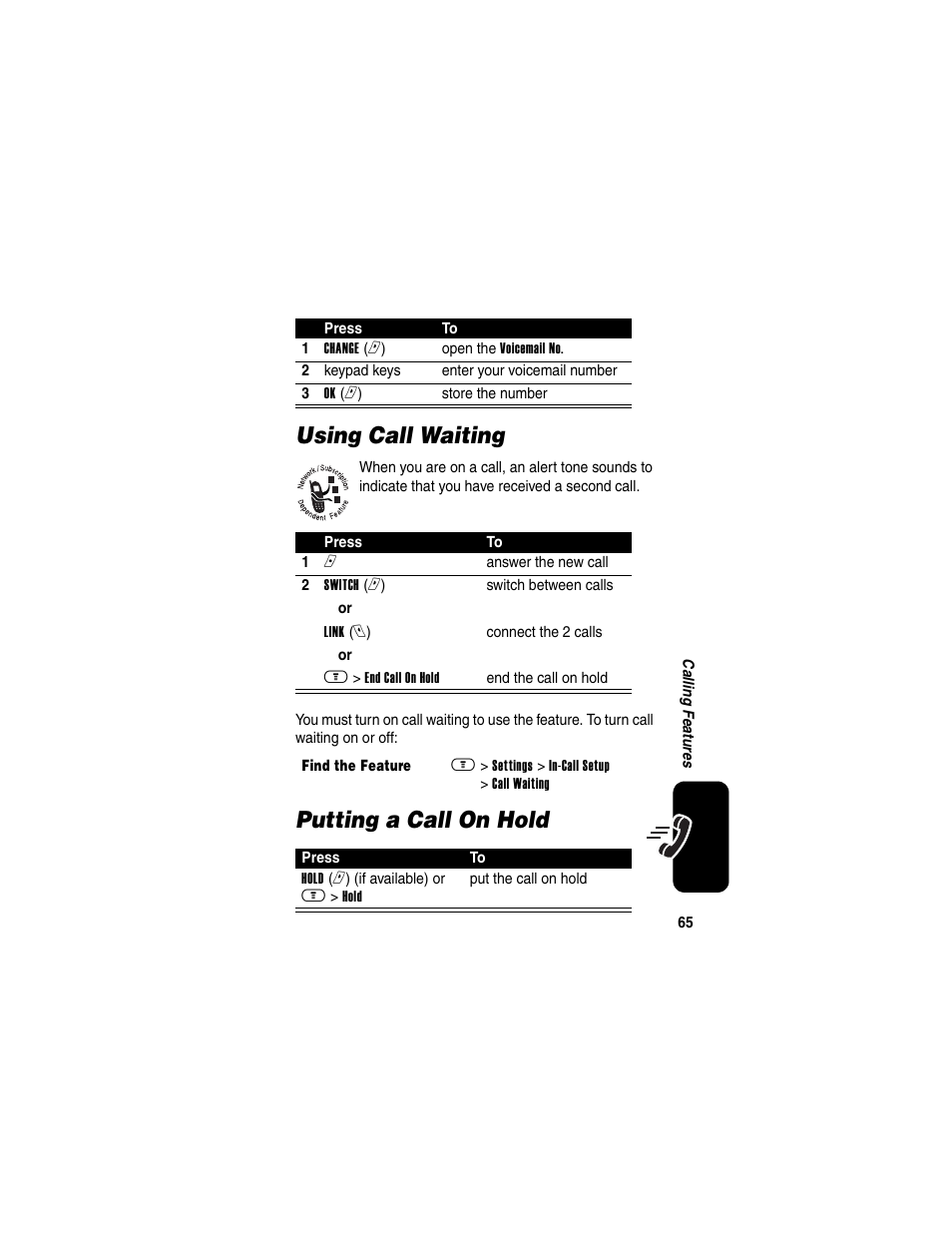 Using call waiting, Putting a call on hold, Using call waiting putting a call on hold | Motorola A630 User Manual | Page 67 / 200