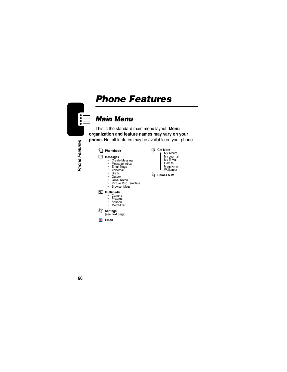 Phone features, Main menu | Motorola A630 User Manual | Page 68 / 200