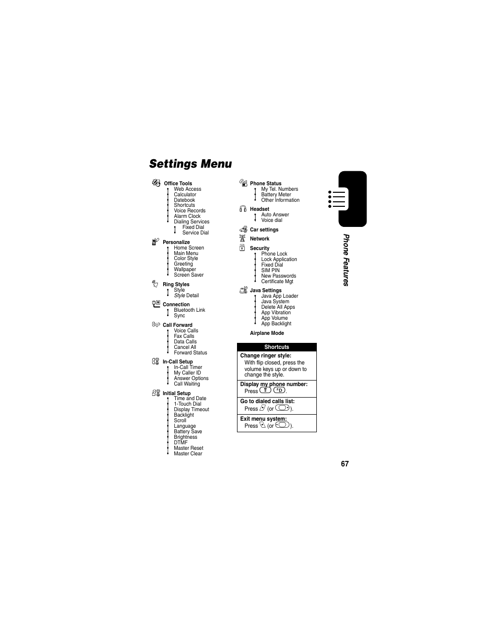 Settings menu | Motorola A630 User Manual | Page 69 / 200