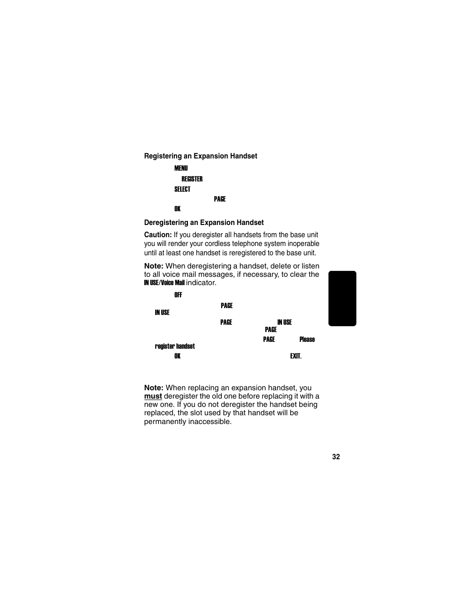 Registering an expansion handset, Deregistering an expansion handset, Min a r y | Motorola TM MD7080 User Manual | Page 48 / 68