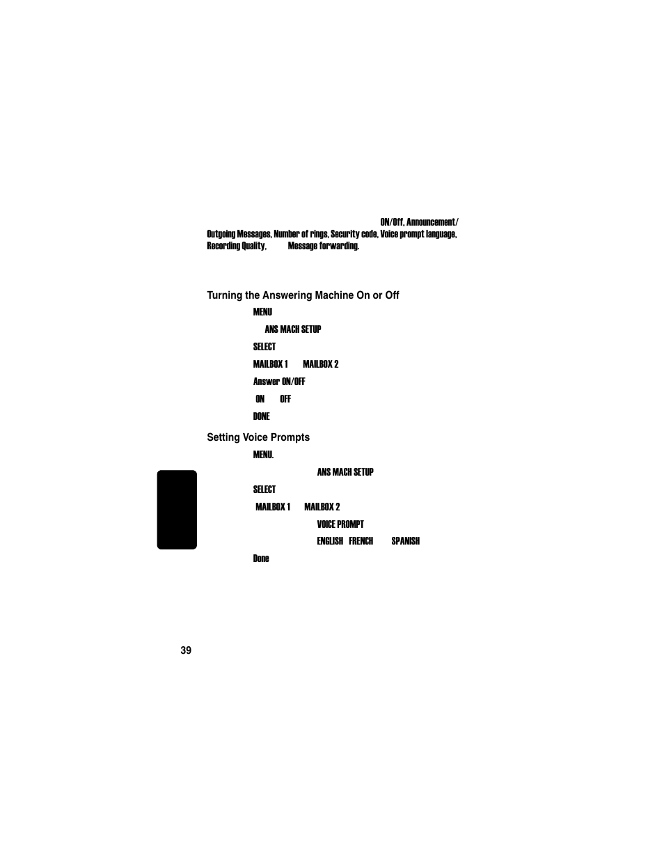 Setting up the answering machine, Turning the answering machine on or off, Setting voice prompts | Motorola TM MD7080 User Manual | Page 55 / 68