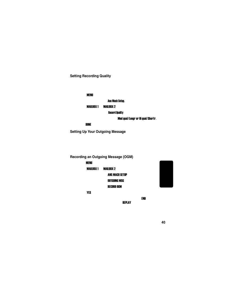 Setting recording quality, Setting up your outgoing message, Recording an outgoing message (ogm) | Motorola TM MD7080 User Manual | Page 56 / 68