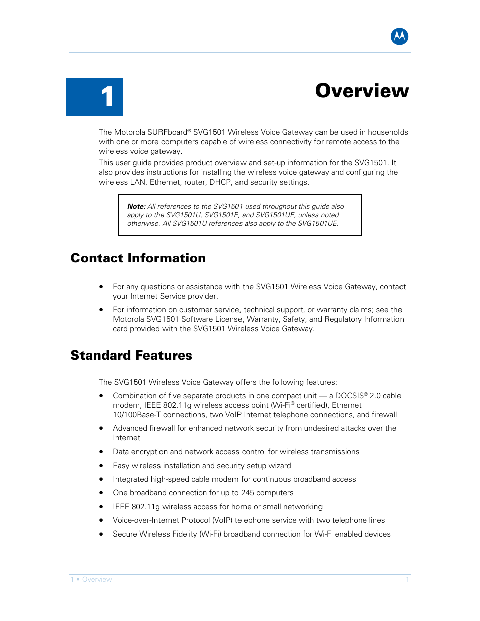 Overview, Contact information, Standard features | Motorola SURFboard SVG1501E User Manual | Page 11 / 83