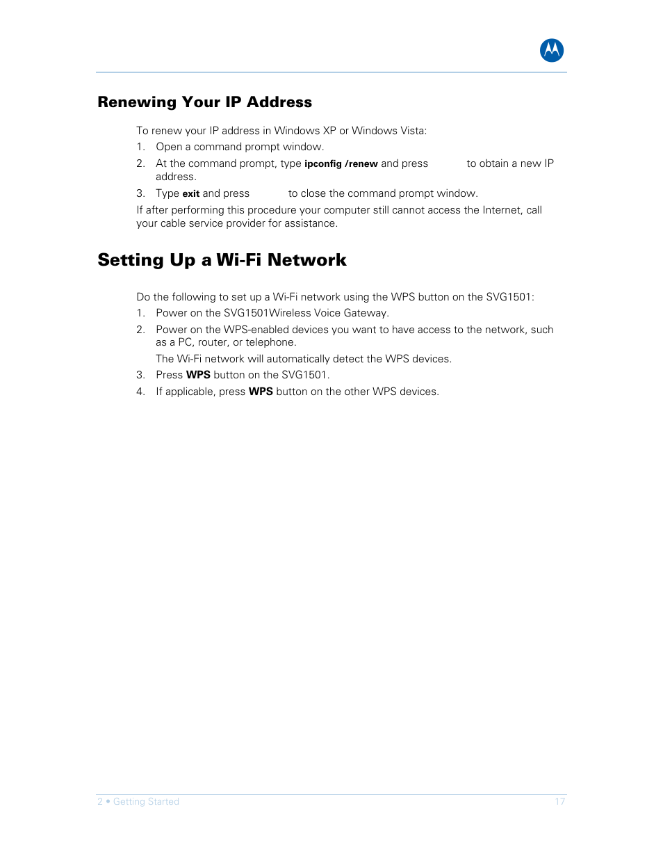 Renewing your ip address, Setting up a wi-fi network | Motorola SURFboard SVG1501E User Manual | Page 27 / 83