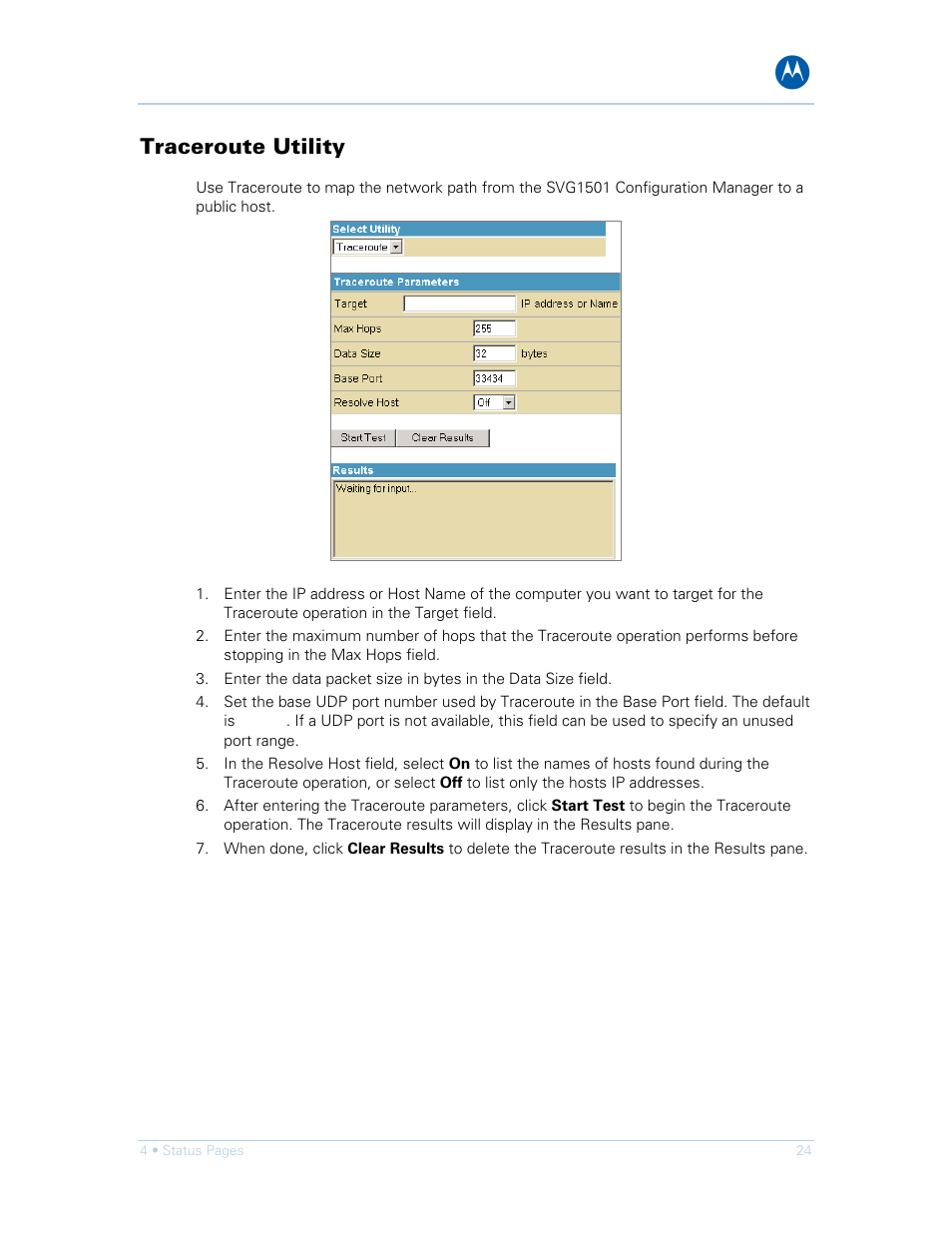 Traceroute utility | Motorola SURFboard SVG1501E User Manual | Page 34 / 83