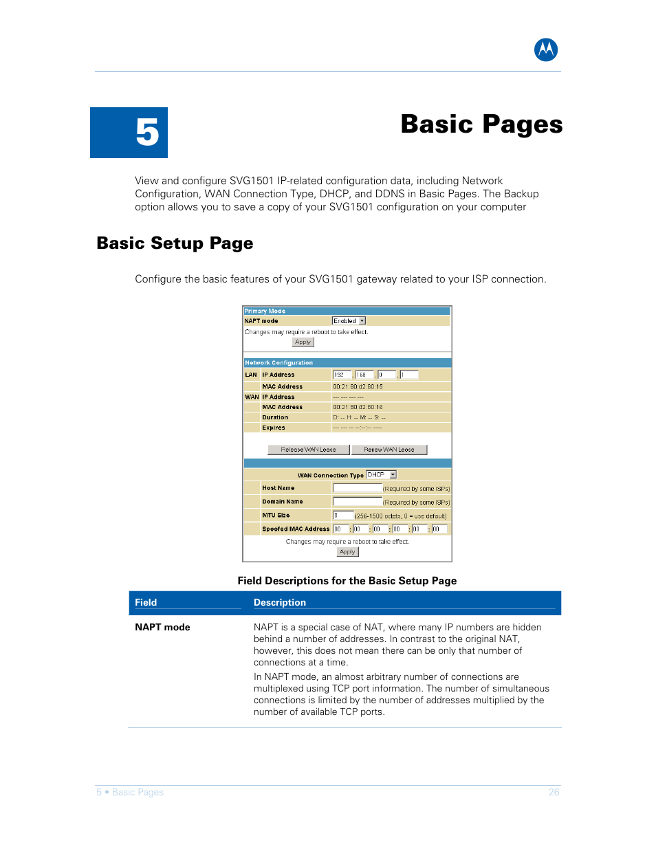Basic pages, Basic setup page | Motorola SURFboard SVG1501E User Manual | Page 36 / 83